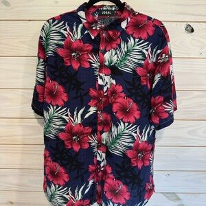 Men's Floral Hawaiian Shirt - Navy and Hit Pink